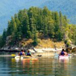 three kayakers in front of a small tree covered island