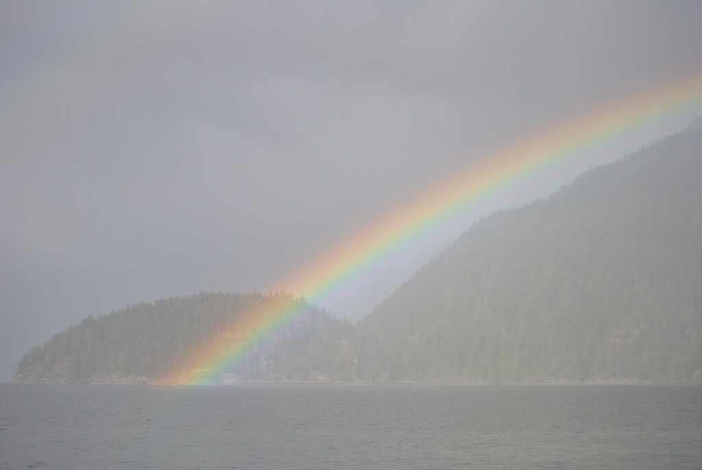 Half of a rainbow over the ocean on a grey day