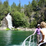 People on bow of boat in front of waterfall