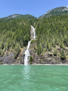 Waterfall going into green ocean waters