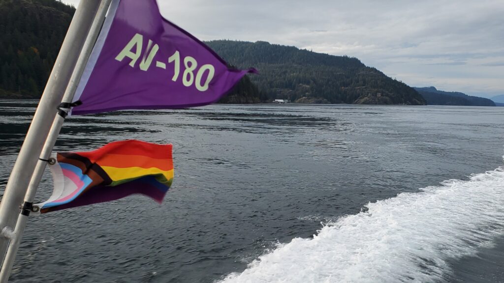 progress pride flag on a covered boat