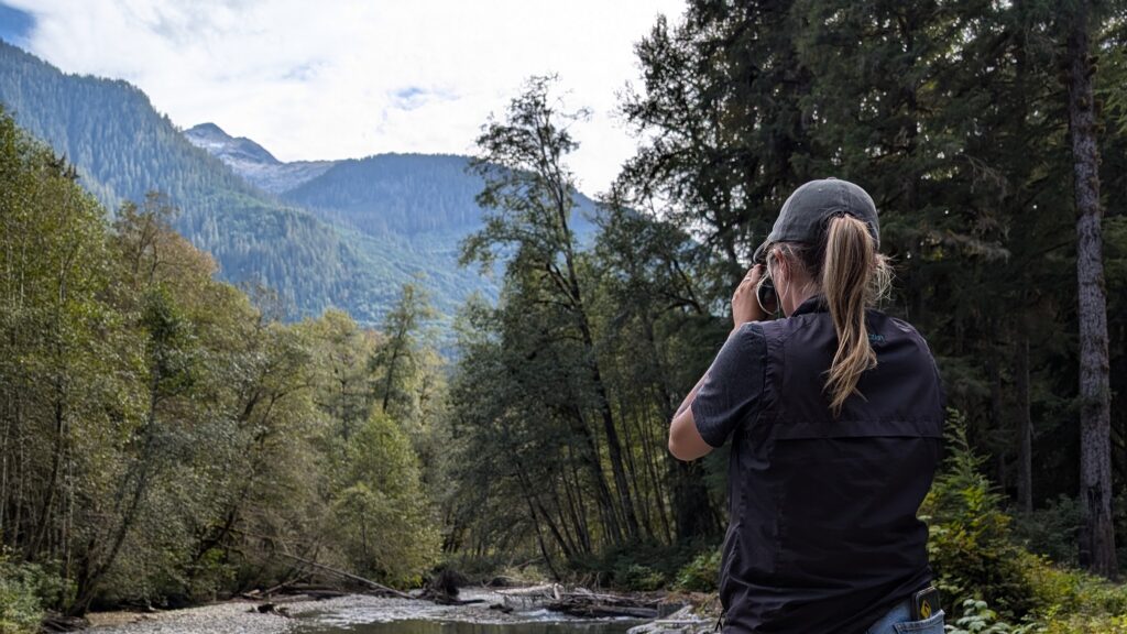 Naturalist looking for wildlife with binoculars