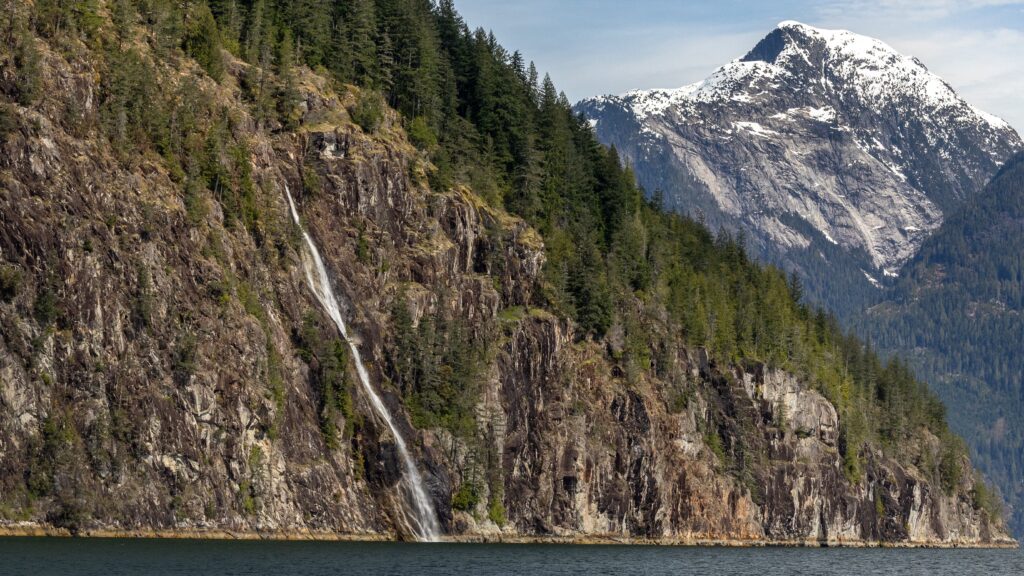 Waterfall and mountain view in Toba Inlet.