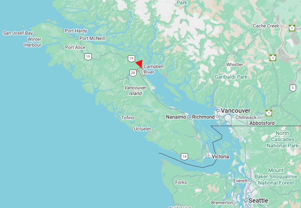 Map of Vancouver Island with a pin on Campbell River