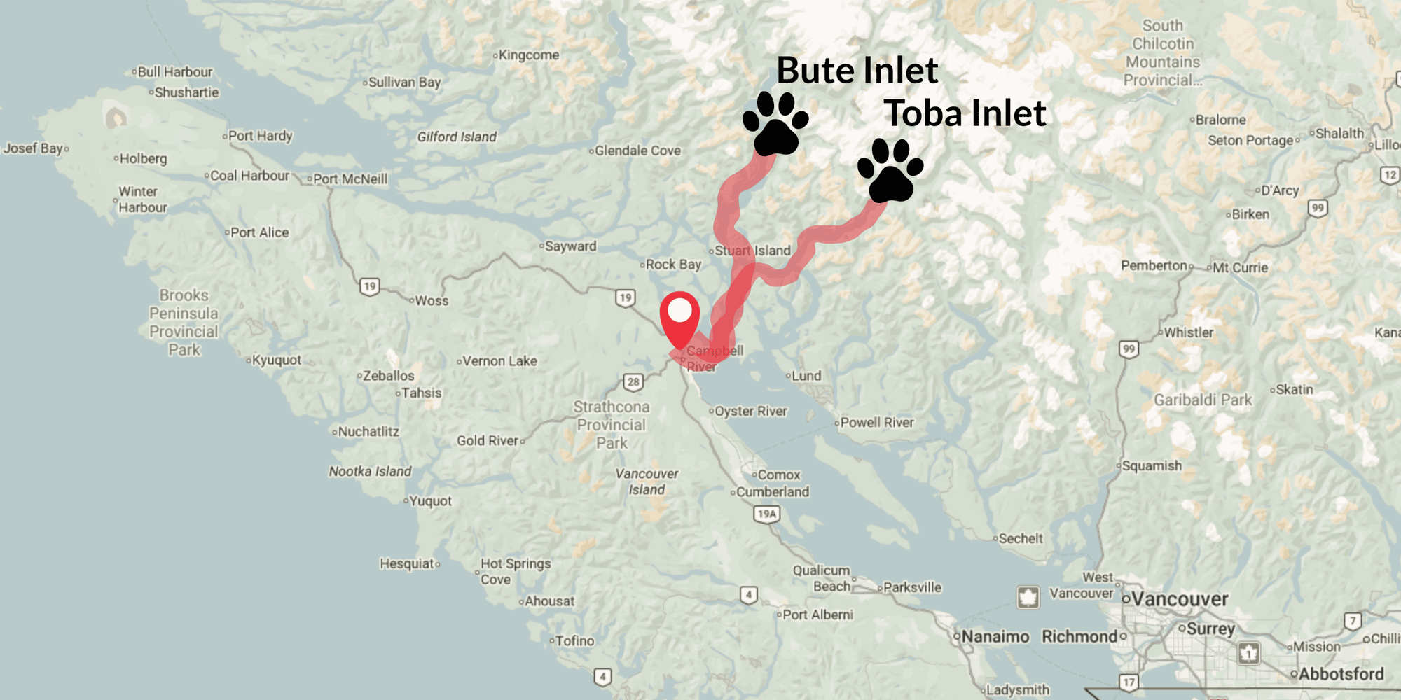 Map showing boat routes from Campbell River on Vancouver Island to Bute Inlet and Toba Inlet for grizzly bear tours
